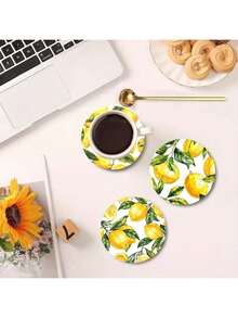 6pcs Lemon Leaf Pattern Yellow Minimalist Style Unique Fashionable Wooden Coasters, Suitable For Kitchen, Living Room And Dining Room - Multicolor - View 7