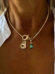 1pc Luxury Heart-Shaped 26 Full Diamond Letter Pendant Necklace, Stainless Steel Chain With Devil's Eye Pendant, Elegant Gift For Women Party - Yellow Gold - View 22