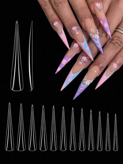 120 piezas/caja Tacón de aguja, cubiertas de uñas en forma de gota extra largas, cubiertas de uñas transparentes de cobertura total, uñas artificiales acrílicas, extensiones de uñas a presión de larga duración, productos para el cuidado de las uñas.