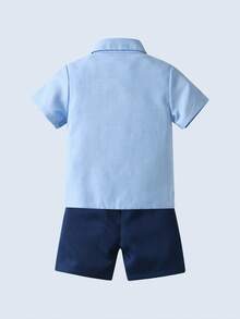 BOARNSEORL Bộ trang phục quý ông 2 món cho bé trai - Áo sơ mi tay ngắn có nơ và quần short màu xanh navy, thời trang và sành điệu cho tiệc sinh nhật, sinh nhật lần thứ 1, đám cưới, tiệc chiêu đãi - Màu xanh hải quân - Xem 7