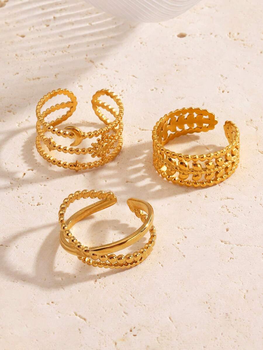 3pcs/Set Stainless Steel 18K Gold Plated Geometric Line Design Ring Set, Suitable For Women's Daily Wear