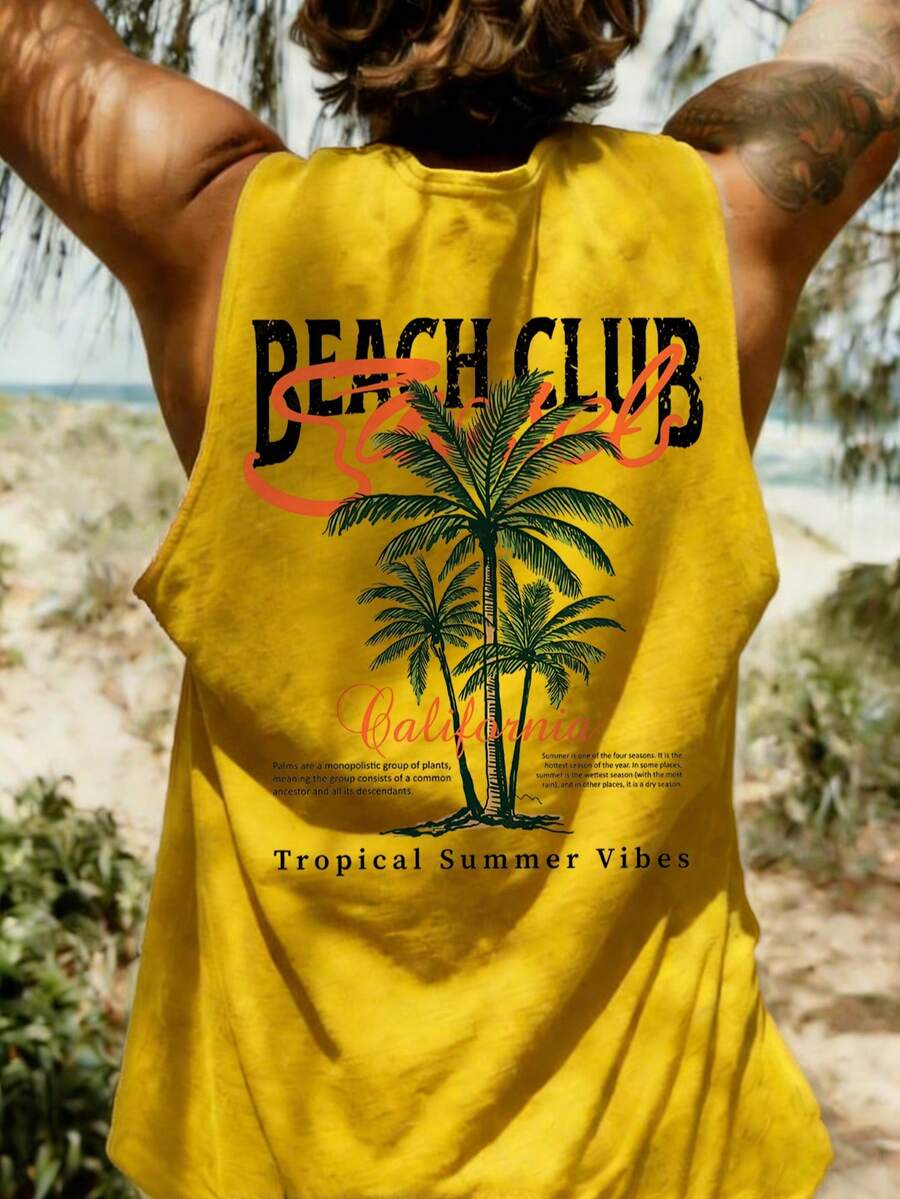 Côtier , Débardeur graphique décontracté pour hommes, imprimé pour les vacances à la plage en Californie , Convient pour le port estival , Confortable et respirant , Style