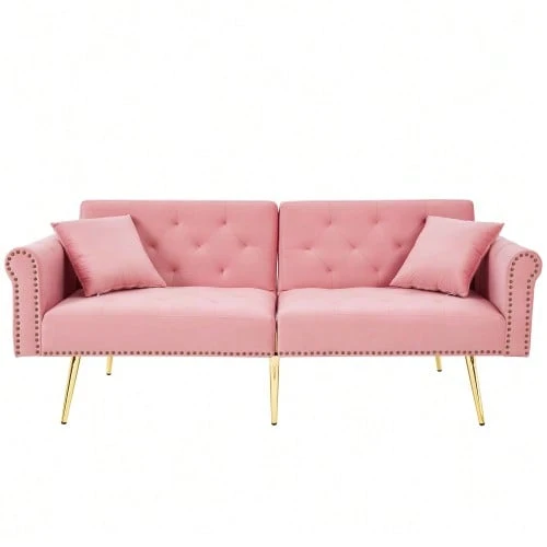 Modern 2-Seater Sofa Bed – Velvet Upholstery, 3-Position Adjustable Backrest & Gold-Plated Metal Feet. Stylish Sofa With Sleeping Function – Space-Saving, Durable, Ideal For Small Rooms. - 粉色 - 查看 1