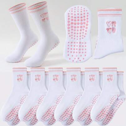 Women's Yoga Grip Pilates Sports Socks, Suitable For All Seasons, Wear-Resistant Anti-Slip Shock-Absorbing Comfortable Moisture-Wicking Breathable Yoga Socks, Suitable For Yoga, Dance, Fitness, Pilates And Other Outdoor Sports, Minimalist Heart-Shaped Bow Embroidery Pattern Yoga Crew Socks, Ideal Gift