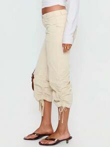 Womens Ruched Cargo Capri Pants Mid Rise Elastic Waist Drawstring Ankle Tie Cuff Solid Color Slim Fit Cropped Trousers Y2K Knee Length Cropped Pants Spring Summer Casual Daily Vacation Streetwear - Màu be - Xem 6