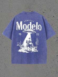 Graphic Tees Men Double Sided Washed Printing Modelo UFO Cowboy Graphic Water Washed T-Shirts, Round Short Sleeved Tees, Summer Street T-Shirts, Holiday Gifts Ropa De Hombre Summer Clothes Summer Summer Tops - 寶藍色 - 查看 2