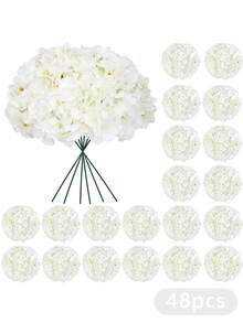 60pcs White Silk Hydrangea Artificial Flowers, Fluffy Faux Hydrangea Flower Heads With Stems, Fake Hydrangeas For DIY Crafts, Table Centerpieces, Wedding Bridal Bouquet, Home Party Arch Garland Decoration - 白色 - 查看 13