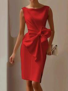 Vestido corto de tirantes con adorno de lazo - Rojo - Ver 1