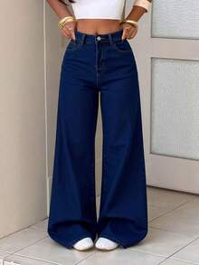 Pantalones de mezclilla rectos lavado, elásticos, efecto levantador de glúteos, control abdominal y caída amplia - Azul profundo - Ver 2