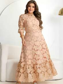 Livia Dress | Evangelical Dress | Long | Lace | Elegant Dress | Evangelical Fashion 2025 | Romantic Dress | Elegant Lace Dress | Ruffled Hem | Vacation | Half Sleeve | Casual Chic Look. - Màu Hồng  San hô - Xem 2