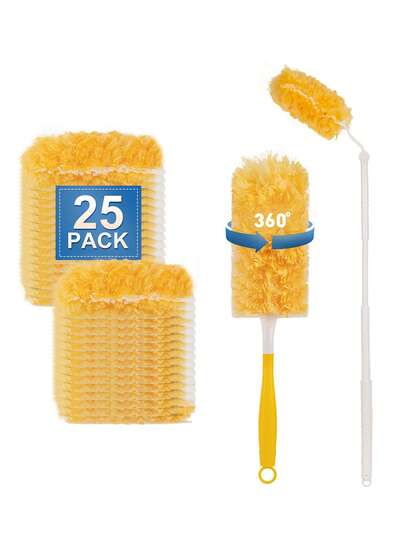 Bộ 25 đầu chổi lau bụi dùng một lần màu hồng, chổi lau bụi đa năng 360° với 2 tay cầm, đầu chổi lau bụi sợi siêu mịn dùng một lần, lý tưởng cho việc vệ sinh nhà cửa và văn phòng, loại bỏ bụi bẩn trên đồ nội thất, rèm cửa và quạt trần, làm sạch bụi bẩn nhanh chóng trên bề mặt, chổi lau bụi nhẹ, đầu thay thế dễ sử dụng.