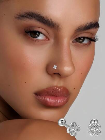 925 Sterling Silver Flower Star Moon Screw Nose Stud, Petite Unique Versatile Luxury Nose Accessory For Women