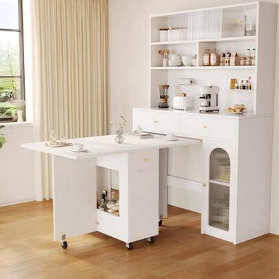 Folding Dining Table (120 X 75 X 75 Cm), Mobile Kitchen Worktop For 2-4 People With Open Storage, 2 Drawers And Lockable Casters, Ideal For The Kitchen, Living Room, Dining Room, White