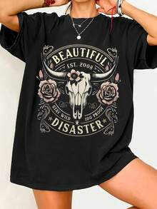 Orcacoatings Women's "Beautiful Disaster" Cow Skull Rose Western Graphic T-Shirt, Washed Crew Neck Short Sleeve Oversized Cowgirl Tee, Bestselling Boho Country Top,Women-Shirt Friends And Family Holiday Parties, Vacation Outfits Women - 黑色 - 查看 1