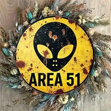 8英寸复古外星人警告标志 - 51区域铁艺墙饰，经典UFO设计，做旧黄黑配色，适用于酒吧、咖啡馆、庭院和主题装饰，预钻孔，款式如图所示 - 多色 - 查看 4