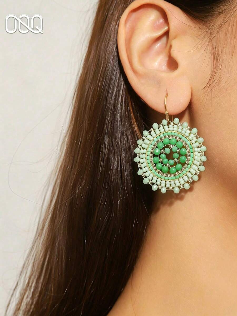 OOQ 1 Pair Handmade Bohemian Style Beaded Round Earrings, Fashion Minimalist Earrings For Women, Suitable For Summer Beach Outfit, Any Occasion, Wedding, Bridesmaid Gift (Handmade Seed Bead Color, Quantity And Position Random) - Green - View 1