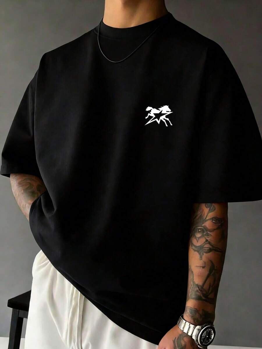 Camiseta de manga corta negra para hombre, estampado combinado de caballo blanco y estrella de cinco puntas en el pecho, estilo callejero americano, ropa casual versátil - Negro - Ver 1