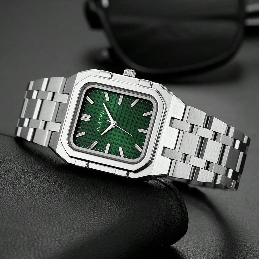 PLADEN Minimalist Luxury Stainless Steel Square Men's Watch, High-Quality Wristwatch - Green - View 1