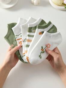 5 Pairs Women's White & Green Breathable Floral & Letter Pattern Ankle Socks, Cute & Comfortable, Random Colors, Suitable For All Seasons - Multicolor - View 12