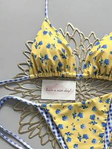 2pcs Retro Floral Colorblock Plaid Print Bikini Swimwear, Suitable For Beach, Pool, Cruise, Party In Spring And Summer Vacation - Yellow Background With Floral Pattern and Blue and White Checkered Pattern - View 4