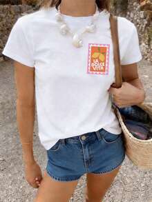 Summer Retro-Style Short-Sleeve Plus Size Casual Crewneck T-Shirt With Lemon Print - "LA DOLCE VITA" Graphic Edition White - White - View 2