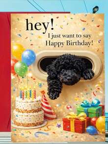 1张可爱黑色贵宾犬“生日快乐”贺卡。包含信封，采用优质哑光纸。狗狗穿过猫门，生日派对主题设计。送给爱狗人士的完美之选——理想的喜庆生日贺卡（12厘米/4.7英寸 x 17厘米/6.7英寸） - 紅色信封 - 查看 6
