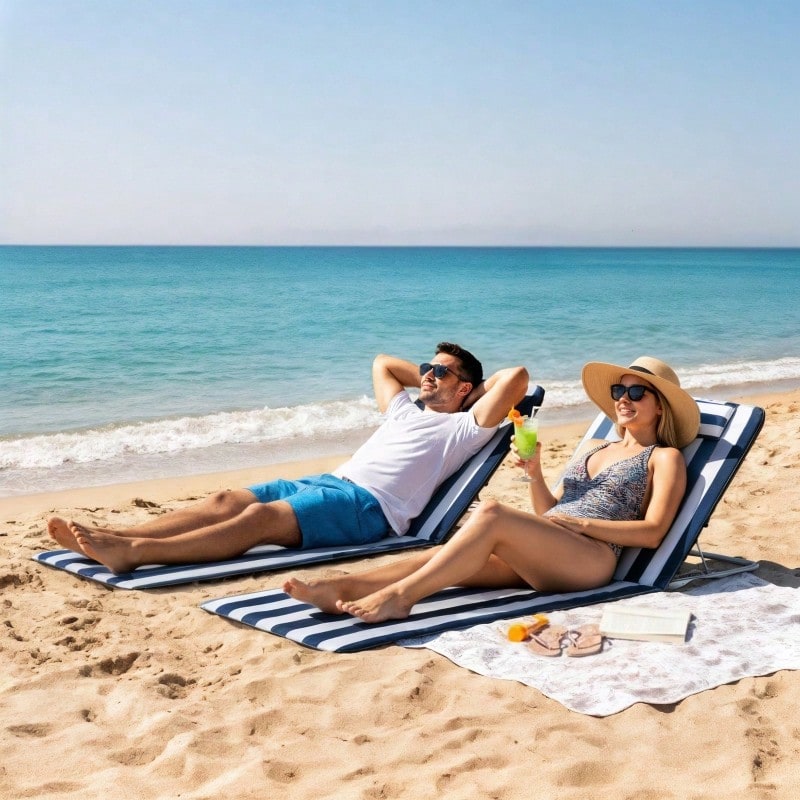 Folding Sun Lounger With Cushion, Garden Chair With Five-Way Adjustable Backrest And Blue Portable Carrying Case. - Blue - View 1
