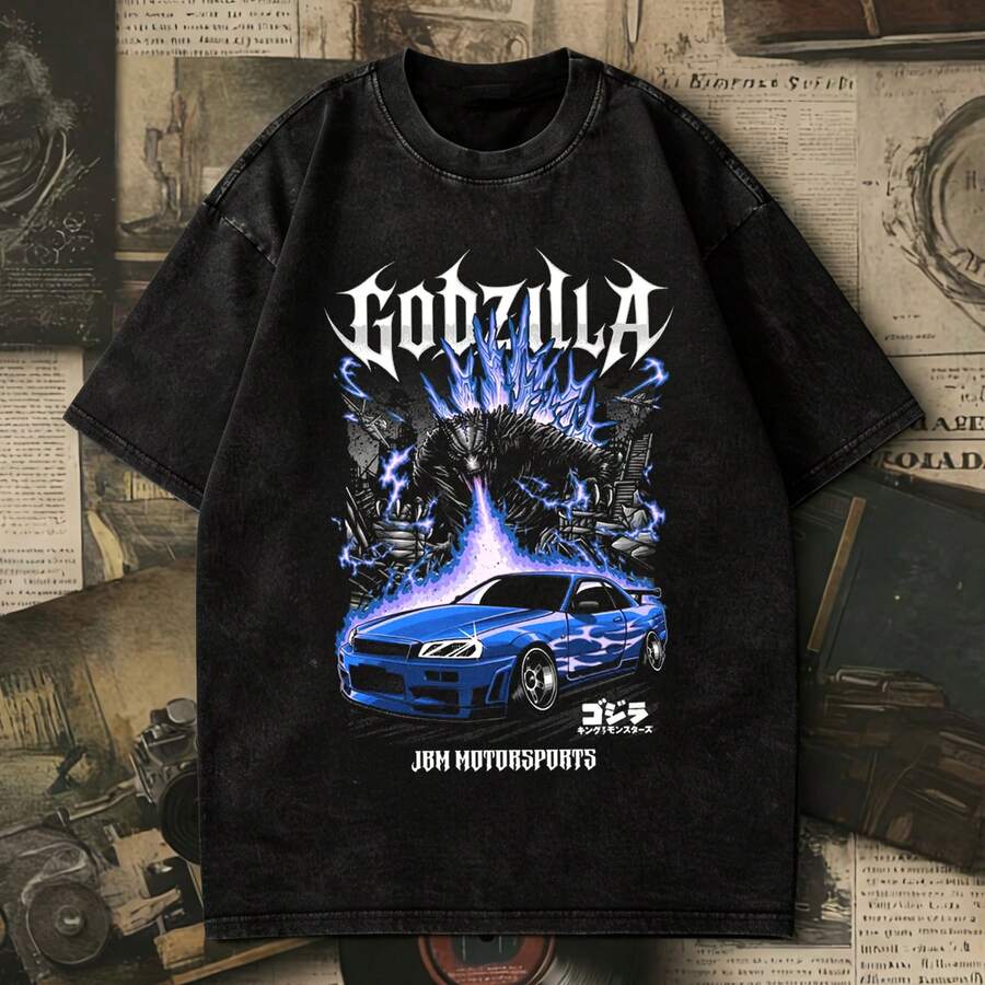 Washed Vintage Godzillas X Nissans GTR R34 T-Shirt, JDM Monster Car Graphic Tee, Retro Vintage Black, Plus Size Unisex Oversized Shirt. - 黑色 - 查看 1