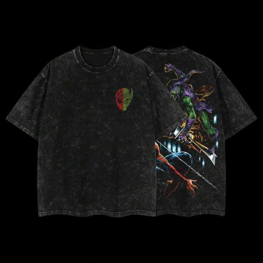 Green Goblin Norman Osborn Vs Spidey-Man Villain MCU Comic Edition Double Printed Oversize Lightweight Acid Washed Tee TV Series Graphic Design Top Cotton Streetwear Comic Superheroes T-Shirt Clothes Menswear Womenswearsummer Outfits For Womenmens Clothes - màu đen - Xem 1