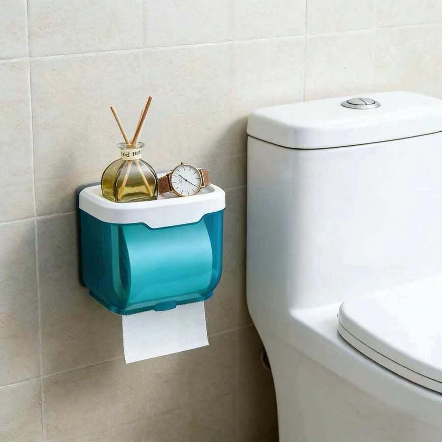 1 pieza Portarrollos de papel higiénico impermeable montado en la pared con cajón, estantería de almacenamiento de baño autoadhesiva - Azul menta - Ver 1