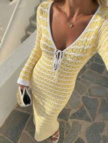 Đầm đi biển dáng rộng kẻ sọc thắt nút dành cho nữ, thích hợp cho kỳ nghỉ. - Màu be và trắng nhạt - Xem 6