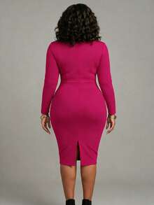 Vestido ajustado de longitud media con volantes para mujer, vestido casual elegante de unicolor, con volantes florales plisados, adecuado para el trabajo, el transporte, las fiestas, las bodas, la oficina, otoño/invierno - Rosa Fucsia - Ver 3