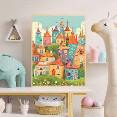 1PC 2D Flat Design, 1 Piece Set. Whimsical Fairy Tale Village Wall Art - Pastel Color Scheme, Ideal For Kids' Room Decoration. Modern Wooden Framed Canvas Wrapped Oil Painting Print. Colorful Cartoon House Landscape, Dreamy Illustration Suitable For Bedrooms And As A Gift.