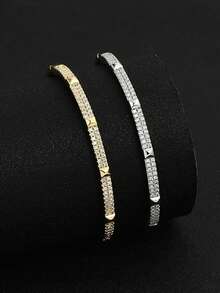 1pc Minimalist Heart-Shaped Rivet & Copper Inlaid Cubic Zirconia Bangle Bracelet, Men's Hip-Hop Business Wristband, Suitable For Daily Wear, Gift - Bracelet - View 2