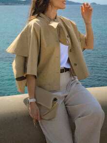 Women's Oversized Short Single-Breasted 3/4 Sleeve Cape Style Zip-Up Casual Windbreaker Jacket Spring - Khaki - View 8