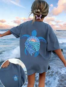 1pc Tween Girl Printed Short Sleeve T-Shirt, Student Youth Clothing, Summer Gift - Dusty Blue - View 3
