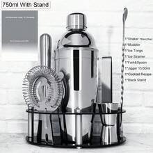 Set de 8 piezas de herramientas de barman para cócteles - Incluye coctelera, dosificador, colador, machacador, cuchara, libro de recetas - Ver 15