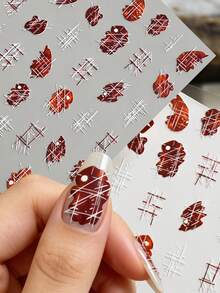 2片装 5D 立体法式格纹美甲贴纸 玫瑰红爱心抽象线条美甲贴纸 Y2K 格纹爱心设计美甲用品 - 彩色 - 查看 2