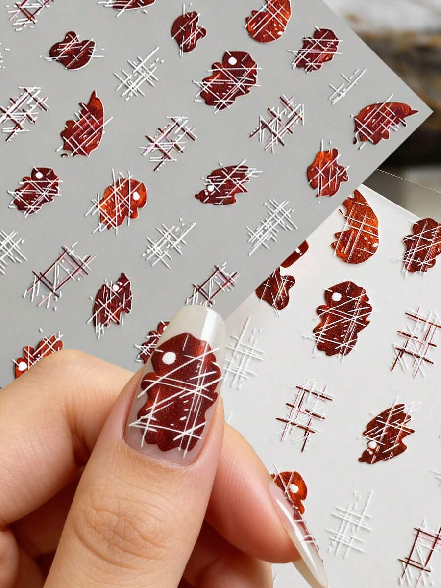 2片装 5D 立体法式格纹美甲贴纸 玫瑰红爱心抽象线条美甲贴纸 Y2K 格纹爱心设计美甲用品