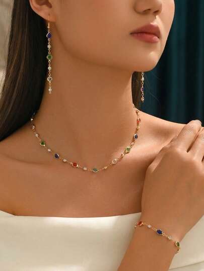 4pcs/Set Minimalist Elegant Colorful Crystal Necklace, Bracelet, Earrings Jewelry Set, Versatile For Daily Wear And Party, Customizable Chain Length, Random Crystal Color Arrangement