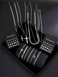 17KM 59pcs Minimalist Punk Hip-Hop Cross Necklace, Bracelet, Ring, Zirconia Stud Earrings Jewelry Set, Gift For Men For Date, Vacation, Daily Wear - Silver - View 7