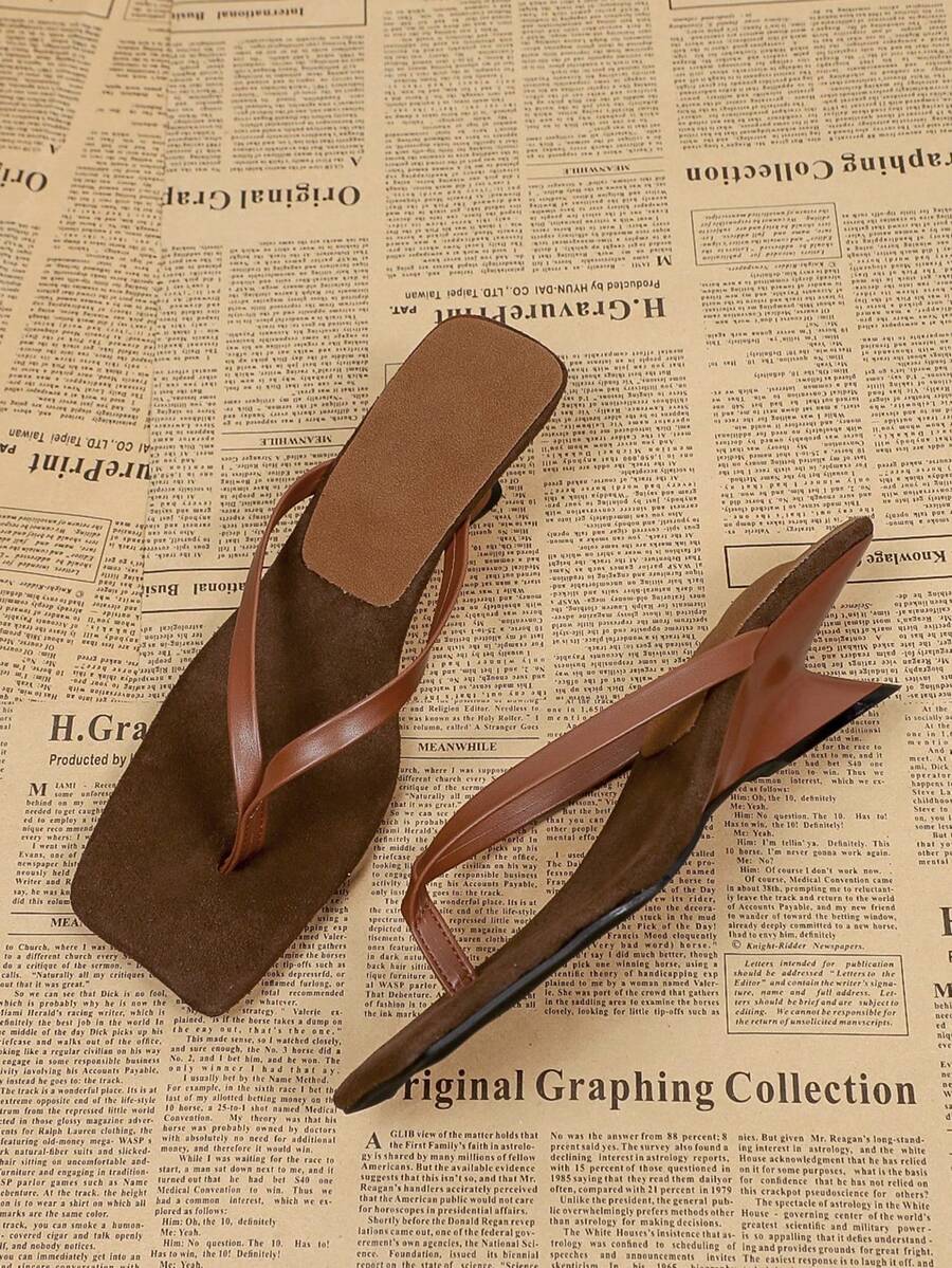 1. Square Toe High Heel Sandals, Women's Summer Casual Wedge Mules, Slip-On Thong Sandals - Brown - View 1