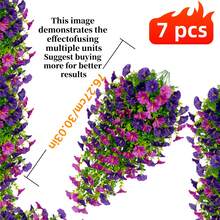 JHSHUDSE 7 piezas - Decoración colgante artificial de campanilla de colores mixtos para exteriores | Florecimiento vívido con hojas de eucalipto | Sin mantenimiento | Adecuado para decoración del hogar, jardín, patio, interior/exterior, boda, fiesta, regalo de inauguración de casa, decoración vertical de gazebo Plantas artificiales - 7 artículos morados - Ver 2