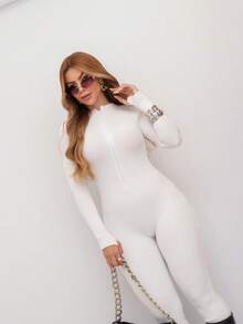 Virginia Ribbed Tricot Modal Jumpsuit With Zipper On The Front Great Quality Women's Jumpsuit Long Sleeve Fashion Style - White - View 4