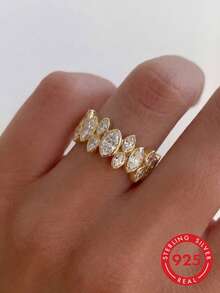 1 pezzo Anello classico ed elegante in argento sterling 925 con zirconi a strati, affascinante anello da donna in stile vintage europeo e americano, adatto per balli, raduni e feste, regalo di gioielleria elegante per donne - Anelli impilabili Marquise - Visualizzare 1