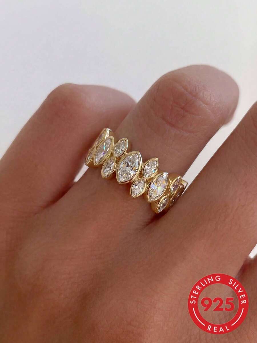 1 pezzo Anello classico ed elegante in argento sterling 925 con zirconi a strati, affascinante anello da donna in stile vintage europeo e americano, adatto per balli, raduni e feste, regalo di gioielleria elegante per donne - Anelli impilabili Marquise - Visualizzare 1