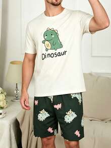 Men's Cartoon Dinosaur Print Short Sleeve Shorts Pajama Set, Summer - Multicolor - View 2