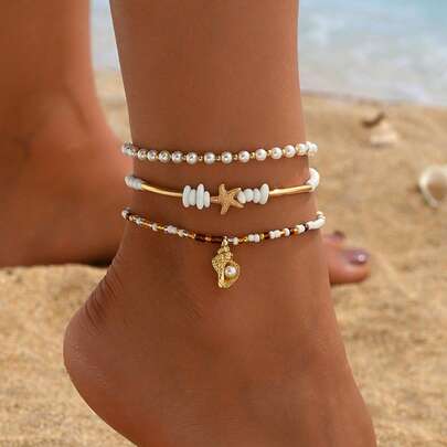 3pcs Bohemian Style Beaded Ankle Chain Vacation Beach Starfish Conch Pendant Layered Ankle Chain Set