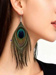 1 Pair Bohemian Peacock Feather Earrings Exaggerated Vintage Handmade Ear Jewelry - Silver - View 6