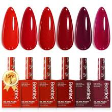Beetles 15ML 6 Colors Red Gel Nail Polish Set, Shimmer Bloody Red Burgundy Shades, Soak Off UV Full Size Manicure Kit, Colorful Bottle, Salon & DIY Gift For Women - 15ML 6 Colors Shimmer Bloody - 查看 1
